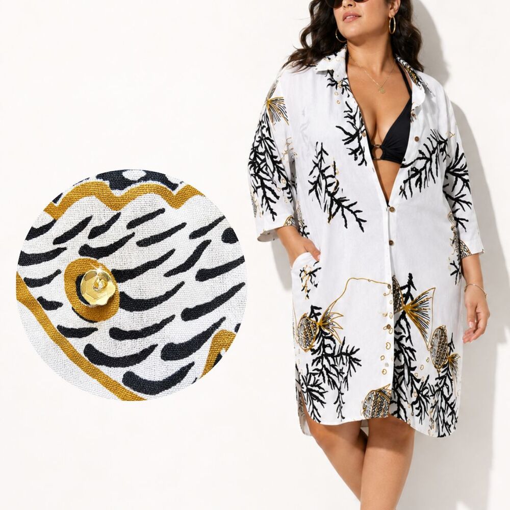 Club Z Collection 1X Cotton Gauze Shirt Dress Fish Tunic Swim Cover Up White